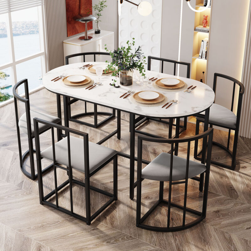 foto del prodotto okwish set tavolo da pranzo con sei sedie tavolo bianco, sedie con schienale e rivestimento grigio, struttura in ferro nero , set tavolo e sedie,