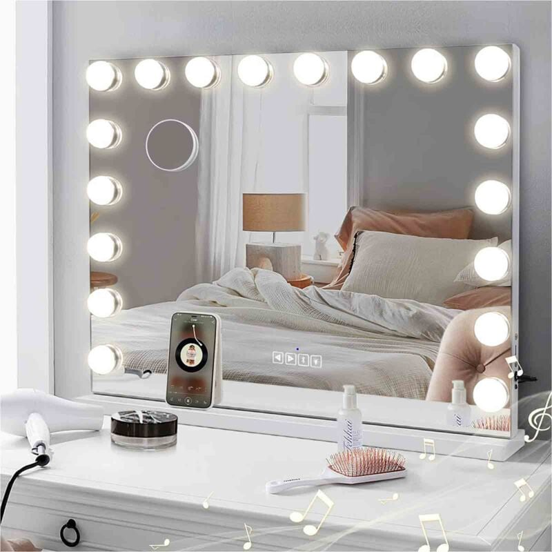 foto del prodotto okwish specchio per trucco da toeletta hollywood con 15 lampadine a led, bluetooth, specchio per toeletta illuminato con porta usb, 3 modalit di