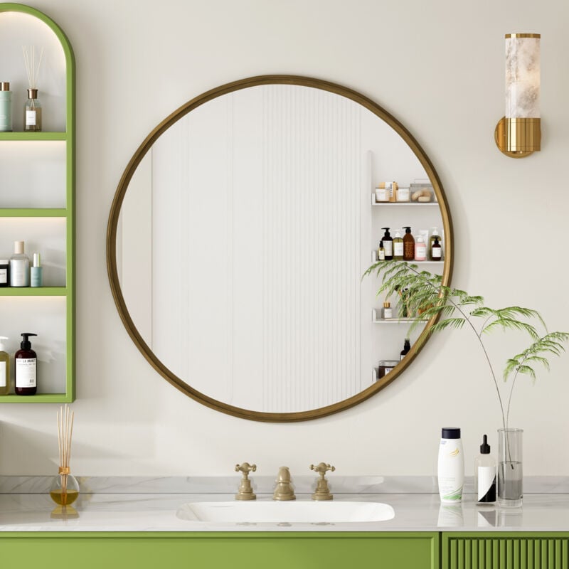 foto del prodotto okwish specchio rotondo in bronzo da 80 cm, specchio da bagno per parete, specchio da parete rotondo con cornice in metallo, per parete, soggiorno,