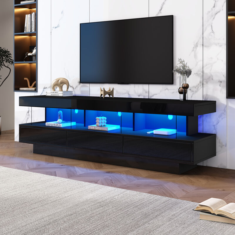 foto del prodotto okwish supporto tv nero lucido 160 x 38 x 50,5 cm con 3 ripiani in vetro, illuminazione a led, controllo app, connettivit bluetooth per tv da 70 ,