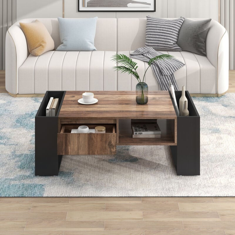 foto del prodotto okwish tavolino con venature del legno, con cassetto senza maniglie, vano portaoggetti e vano portaoggetti posteriore, spazio di archiviazione