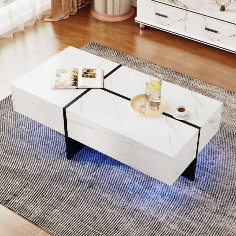 foto del prodotto okwish tavolino lucido, struttura in simil marmo bianco e tavolo coordinato in nero, mobile da soggiorno, 1005034,5 cm, con sistema di