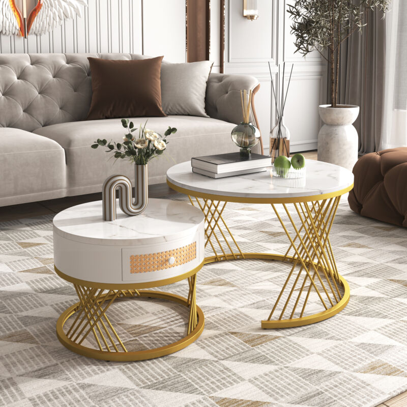 foto del prodotto okwish tavolino rotondo 2 in 1 in mdf, tavolino con piano in marmo e cassetti in rattan plastico, maniglie in legno massello. piedini in ferro