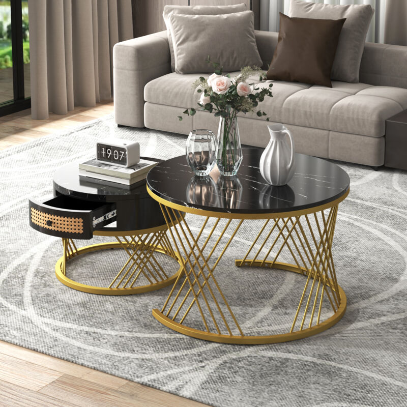 foto del prodotto okwish tavolino rotondo 2 in 1 in mdf, tavolino con piano in marmo e cassetti in rattan plastico, maniglie in legno massiccio. piedini in ferro