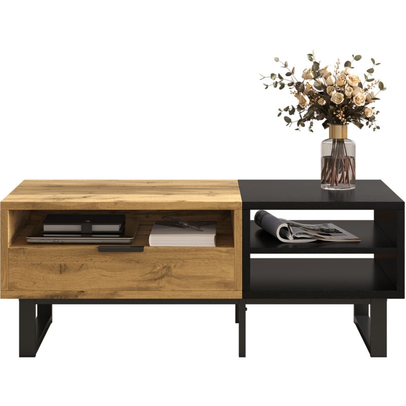 foto del prodotto okwish - tavolino, tavolo da soggiorno con struttura color block, con vani e cassetti, gambe in metallo.