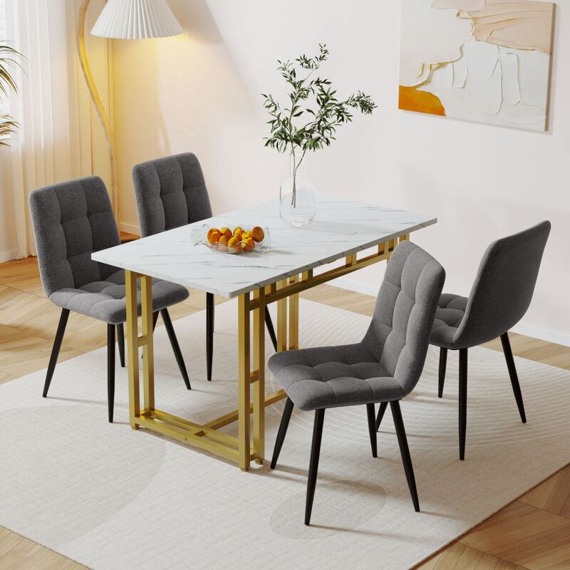 foto del prodotto okwish tavolo da pranzo dorato 120x70 cm con set di 4 sedie, set tavolo da pranzo da cucina moderna, sedia da pranzo in lino grigio scuro, tavolo