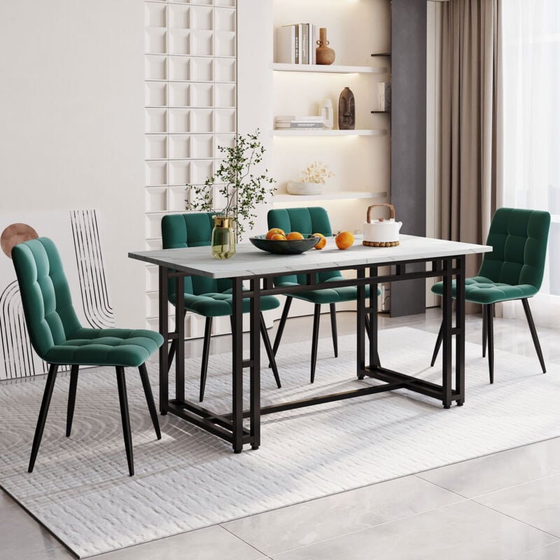 foto del prodotto okwish tavolo da pranzo nero 140x80 cm con set di 4 sedie, set tavolo da pranzo da cucina moderna, sedie da pranzo in velluto verde scuro, tavolo