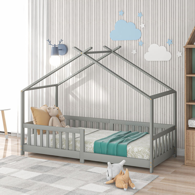 foto del prodotto okwish vendita non autorizzata in germania bellissimo lettino per bambini, in legno massiccio con recinzione e rete a doghe, con protezione