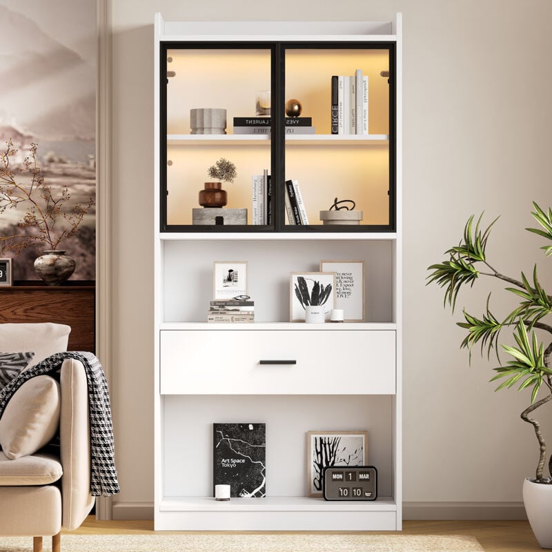 foto del prodotto okwish vetrina curio con luce, ripiani portaoggetti con ante in vetro retrattili, 1 cassetto grande e luce a 16 colori, mensola espositiva per