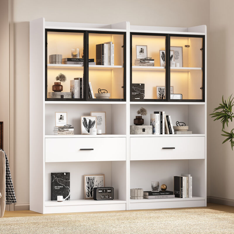 foto del prodotto okwish vetrina curio con luce, ripiani portaoggetti con ante in vetro retrattili, 1 cassetto grande e luce a 16 colori, mensola espositiva per