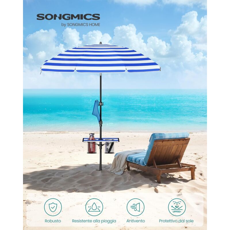 foto del prodotto ombrellone 160 cm di diametro, ombrellone da spiaggia, protezione solare upf 50 , inclinabile 30 , altezza regolabile, con ripiano e gancio, per
