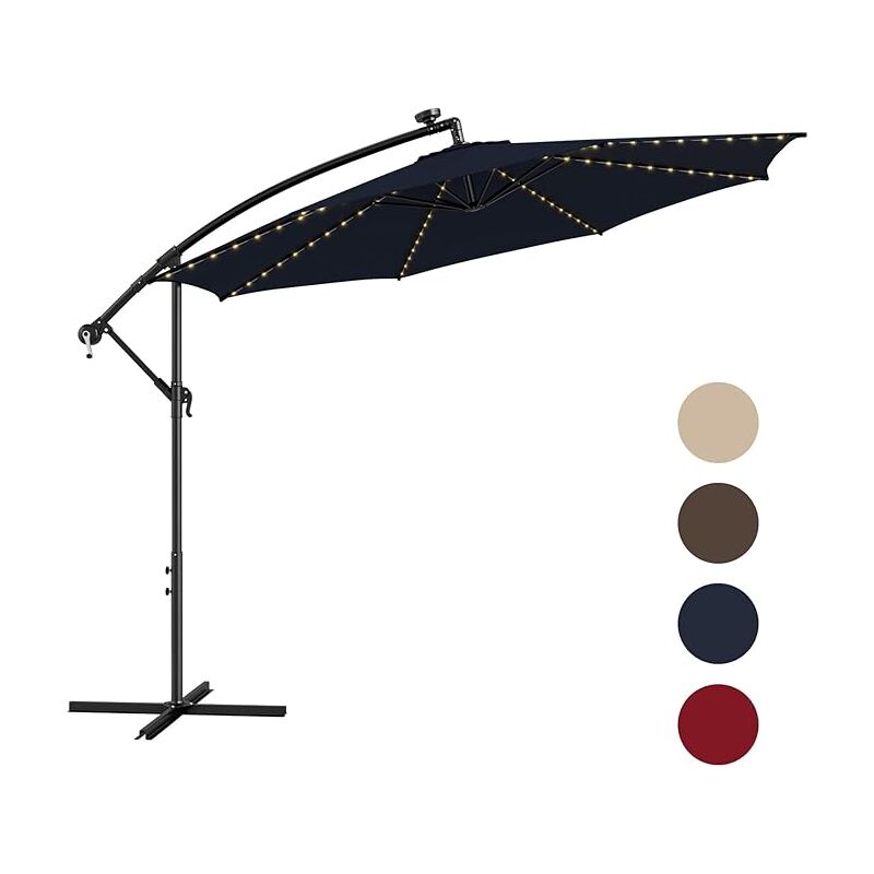 foto del prodotto ombrellone da patio ad energia solare 3m, ombrellone a sbalzo illuminato con 112 luci led manovella base a croce design inclinato, ombrellone da
