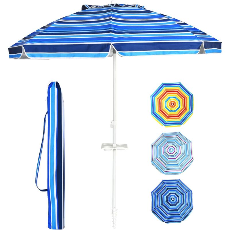 foto del prodotto ombrellone da spiaggia con vassoio, telo 220 cm anti raggi uv, ombrellone inclinabile a 8 stecche con air vent, porta bicchieri e snack, ombrellone