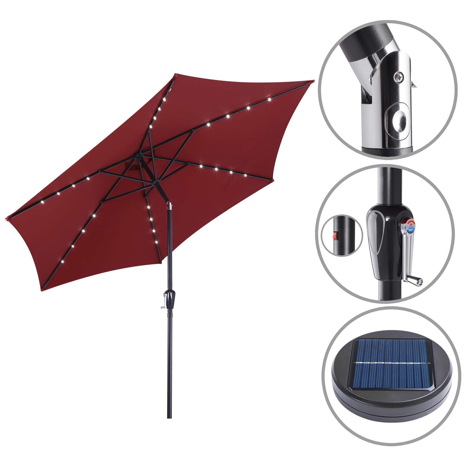 foto del prodotto ombrellone miami rosso alluminio 24 led solari 270cm