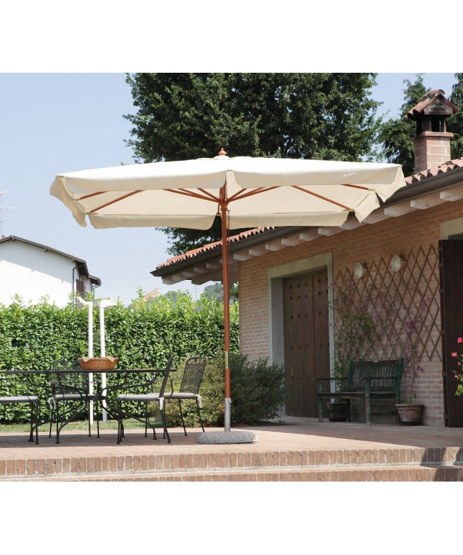 foto del prodotto ombrellone rettangolare moia 3x4m in poliestere ecr con volante, antivento e fusto in legno teak