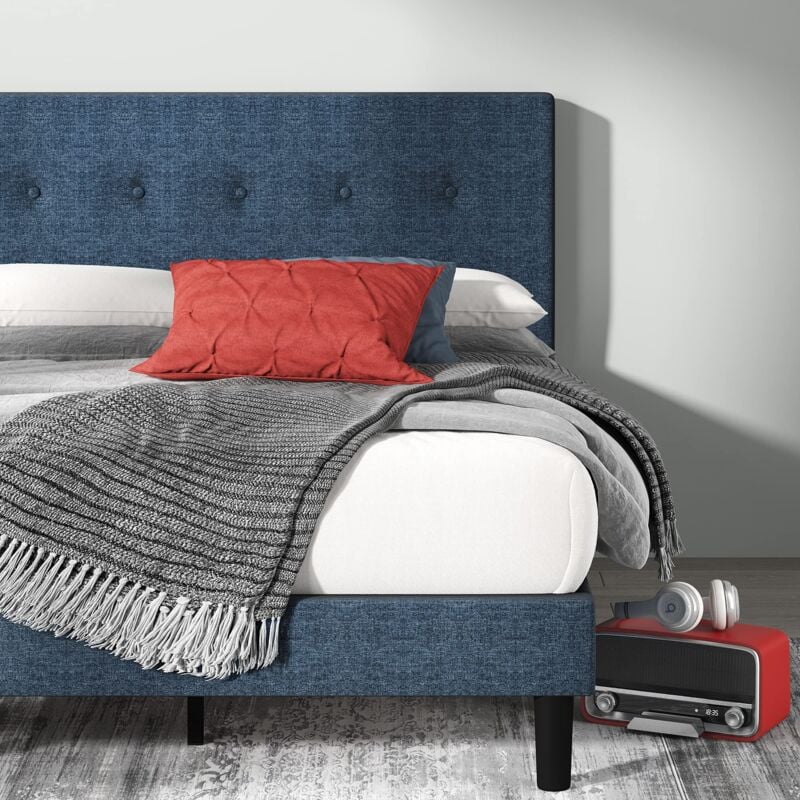 foto del prodotto omkaram letto 120x190 cm stuttura letto 36 cm di altezza struttura letto a piattaforma imbottita con testata e supporto a doghe in legno blu