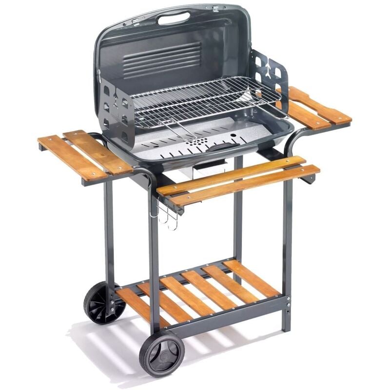 foto del prodotto ompagrill barbecue a carbonella con coperchio e carrello con doghe in legno massello