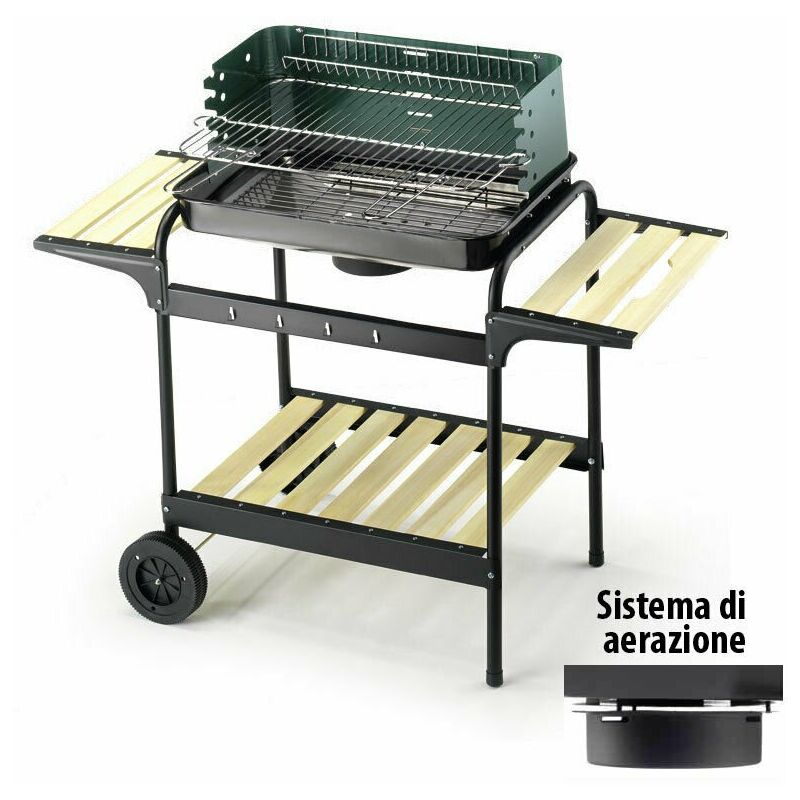 foto del prodotto ompagrill barbecue carbonella portatile carrello ruote ripiani legno carbone