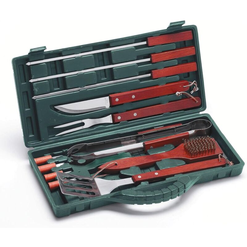 foto del prodotto ompagrill set utensili barbecue 12 pezzi in valigetta in acciaio inox e manico in legno massello