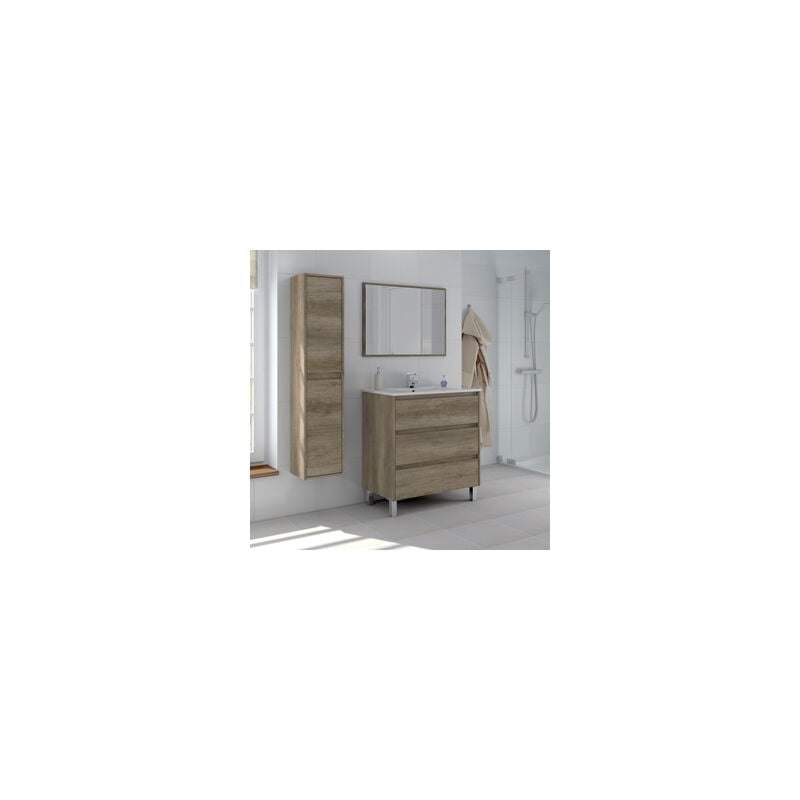 foto del prodotto ondee kit mobile bagno dakota 3 cassettoni cm. 80x45x86h rovere completo di specchio