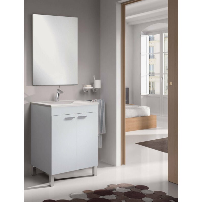 foto del prodotto ondee mobile sottolavabo, mobiletto per bagno, armadio a 2 ante con specchio, lavabo non incluso, cm 60x45h80, bianco lucido