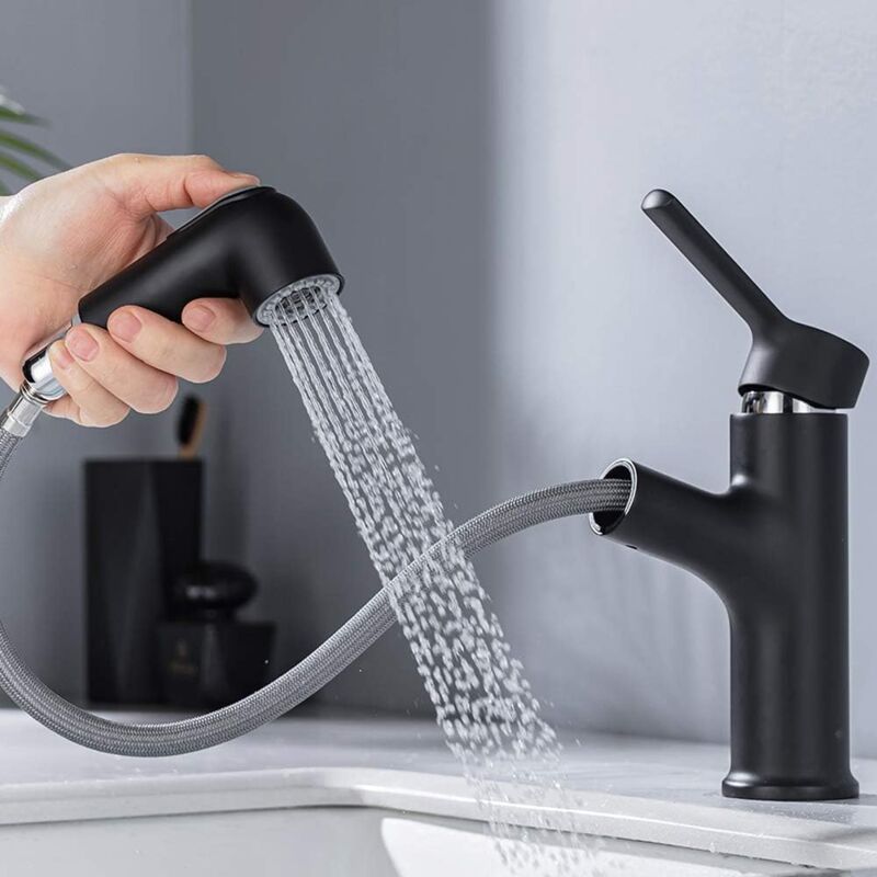 foto del prodotto onece rubinetto bagno lavabo nero con doccetta estraibile a doppia funzione, miscelatore monocomando lavabo in ottone, rubinetti lavabo per bagno,
