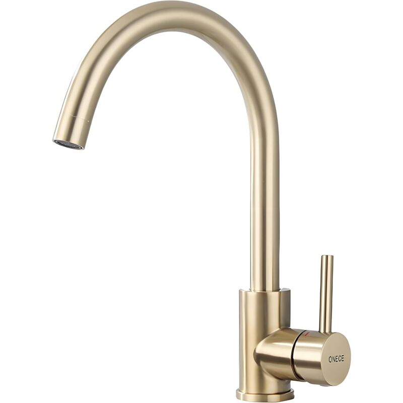 foto del prodotto onece rubinetto cucina oro, miscelatore monocomando con beccuccio girevole a 360 , rubinetti per lavello con bocca alta, acqua fredda e calda,