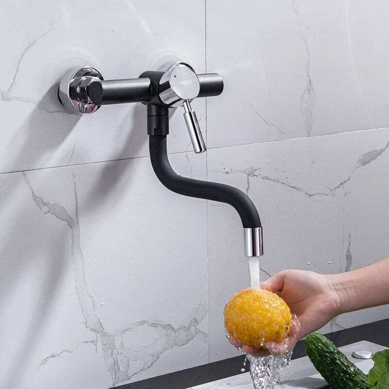 foto del prodotto onece rubinetto da cucina a parete, miscelatore monocomando per lavello cucina girevole 360 , rubinetti cucina a muro acqua calda e fredda, acciaio