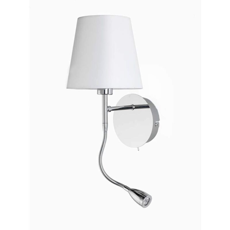 foto del prodotto onli applique in metallo cromato e paralume in tessuto bianco. faretto led flessibile integrato con interruttore sulla base