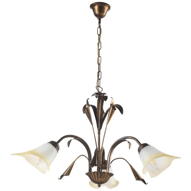 foto del prodotto onli - lampadario 3 luci in metallo marrone spennellato oro con vetri bianchi sfumati ambra