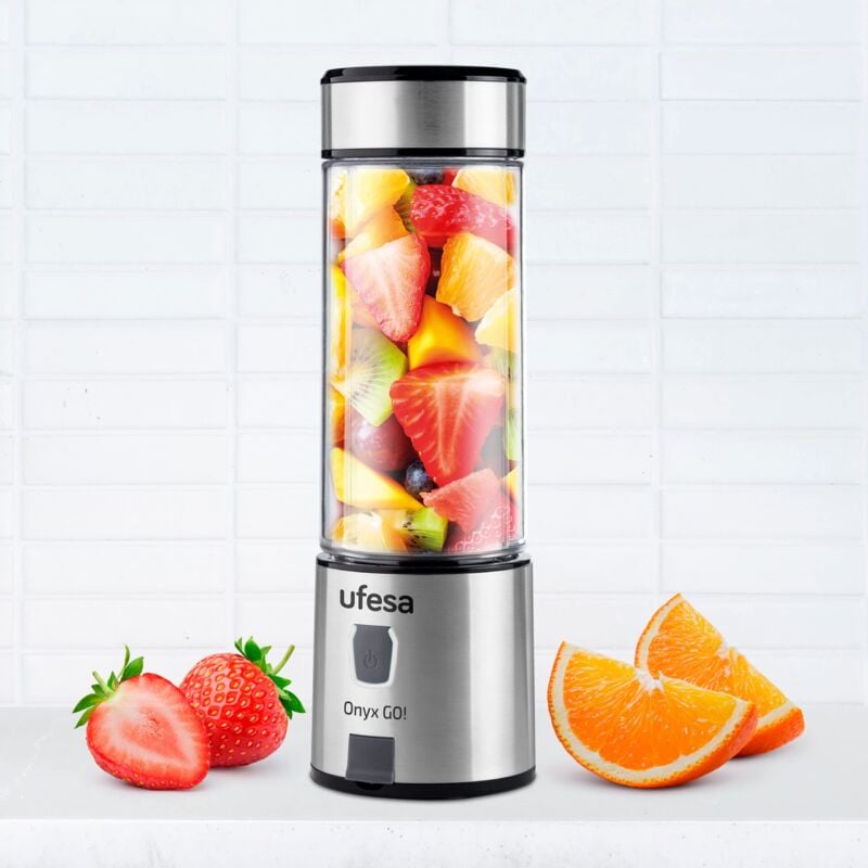 foto del prodotto onyx go, bottiglia frullatore portatile, tritatutto multifunzione, blender smoothie, 400 ml, ricarica usb, tappo sport, 24x7,5x7,5 cm ufesa