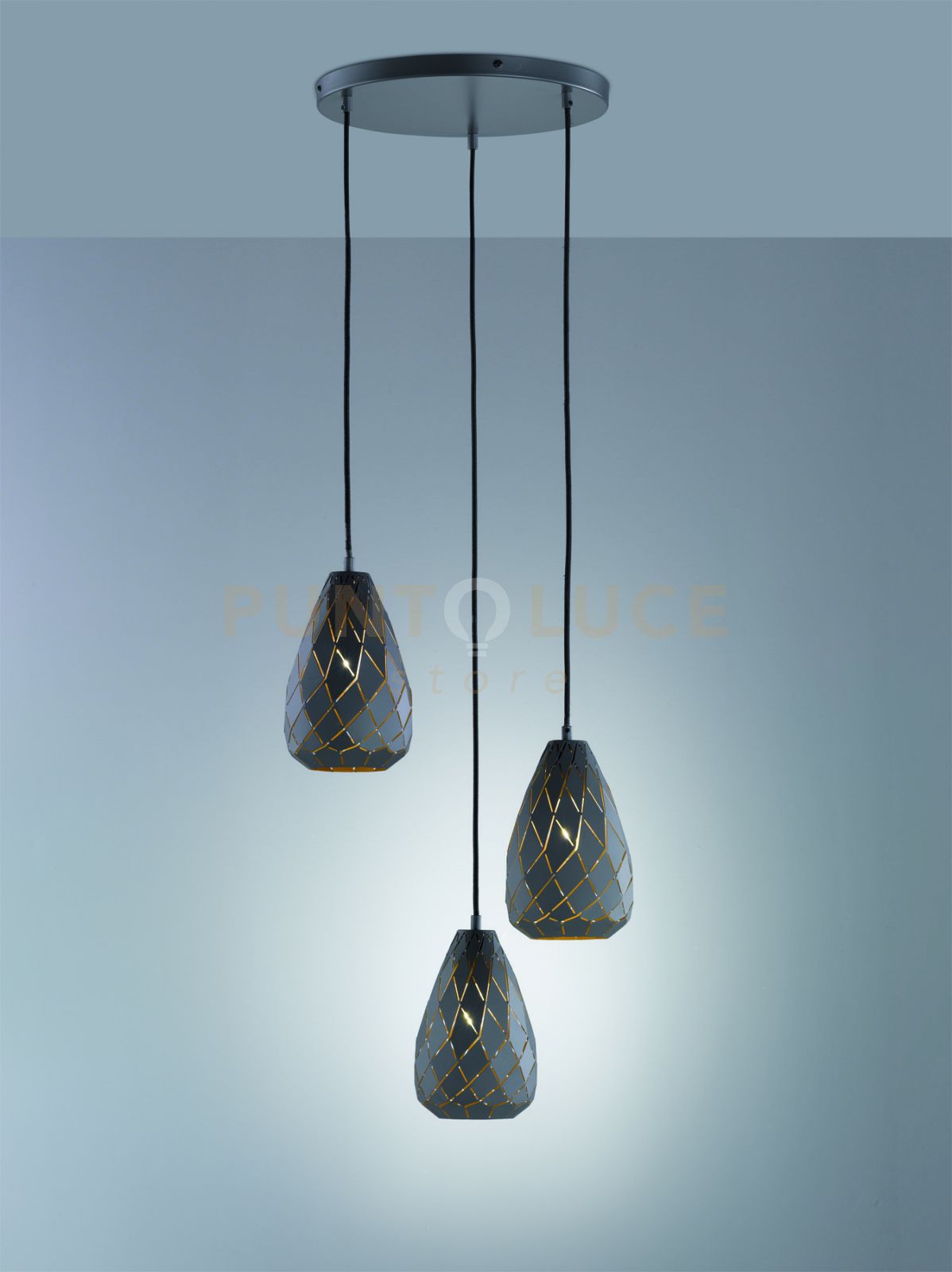 foto del prodotto onyx sospensione 3 diffusori metallo nero interno oro taglio laser a rombo d.35cm attacco e27