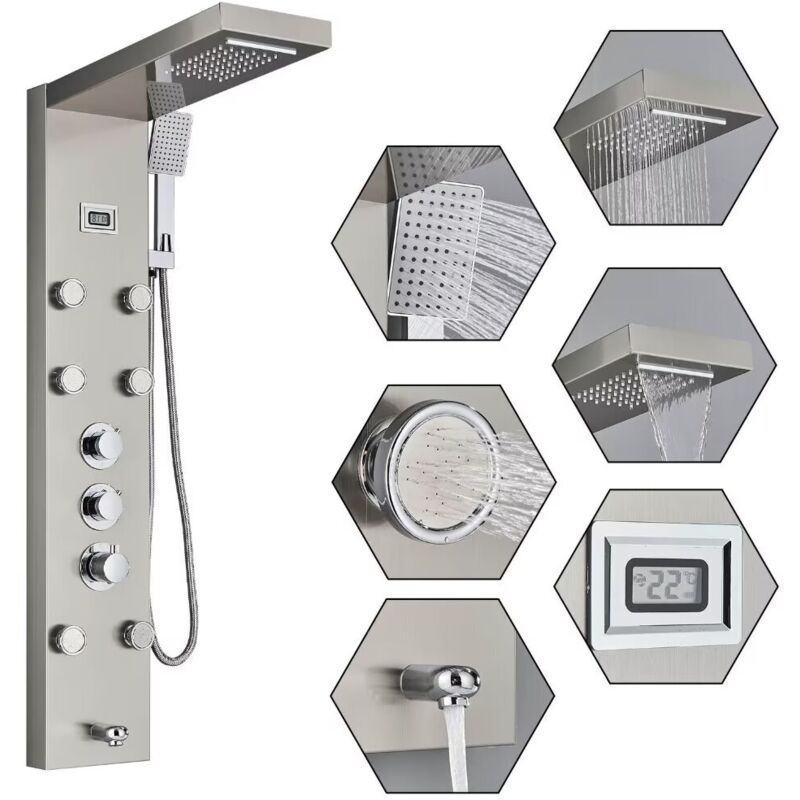 foto del prodotto onyzpily colonna doccia con miscelatore termostatica , nichel spazzolato multifunzione pannello doccia idromassaggio 304 acciaio inox con cascata