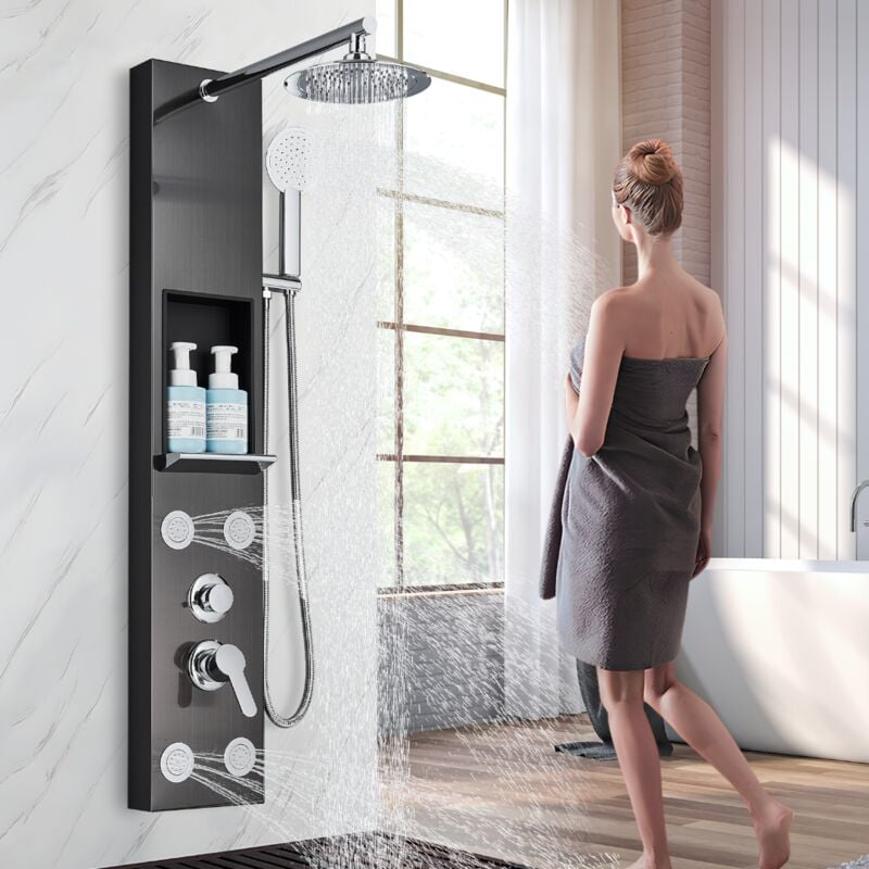 foto del prodotto onyzpily colonna doccia senza miscelatore nera pannello doccia idromassaggio in 304 acciaio inox 5 in 1 funzioni colonna doccia con soffione