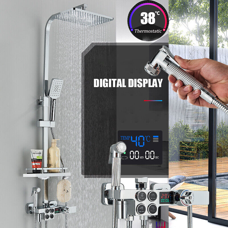 foto del prodotto onyzpily colonna doccia termostatica,sistema doccia con display digitale,multifunzione colonna doccia con ripiano,miscelatore per vasca,cromo lucido