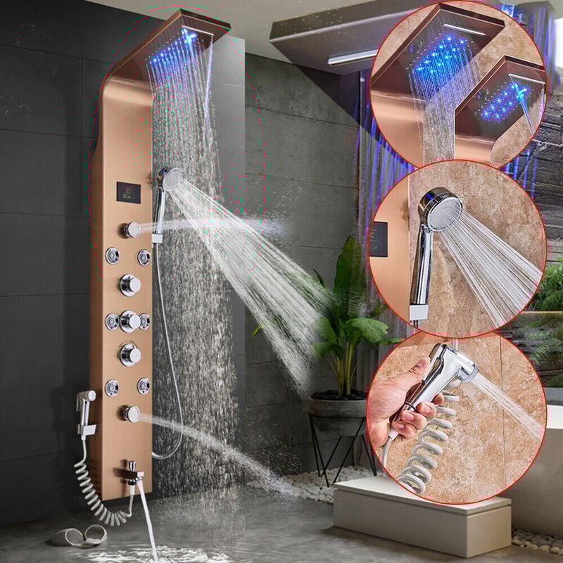 foto del prodotto onyzpily led colonna doccia idromassaggio,oro rosa pannello doccia idromassaggio con temperatura display lcd ,6 in 1 funzioni con soffione