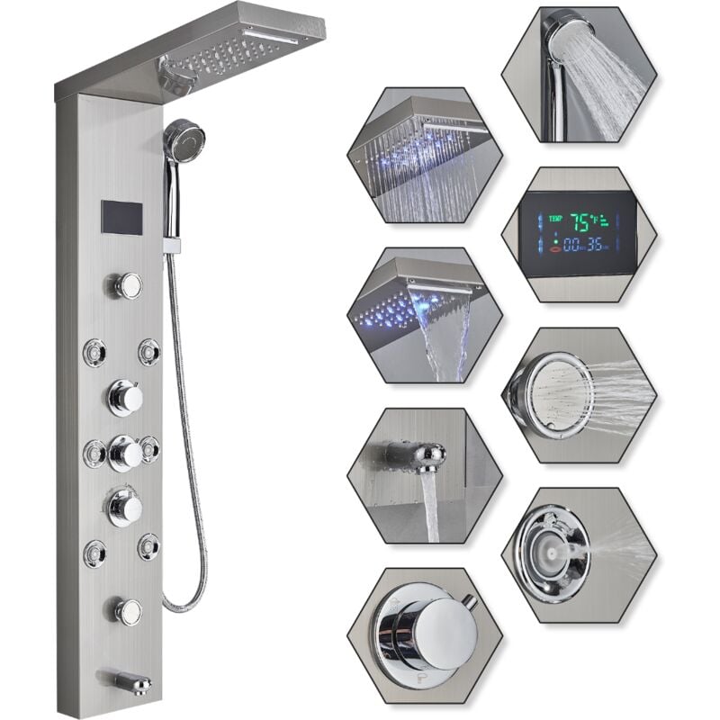 foto del prodotto onyzpily led colonna doccia idromassaggio pannello doccia set con 5 funzioni in 304 acciaio inox,miscelatore da massaggi, soffione fisso, doccetta