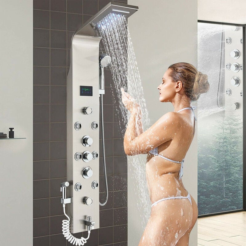 foto del prodotto onyzpily led pannello doccia idromassaggio in 304 acciaio inox, colonna doccia con miscelatore,display lcd,multifunzione con soffione