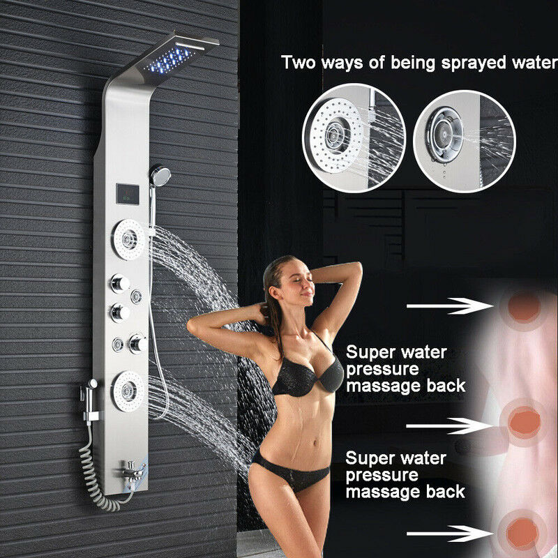 foto del prodotto onyzpily led pannello doccia set in 304 acciaio inox,nichel spazzolato colonna doccia idromassaggio con display lcd,5 funzioni con soffione