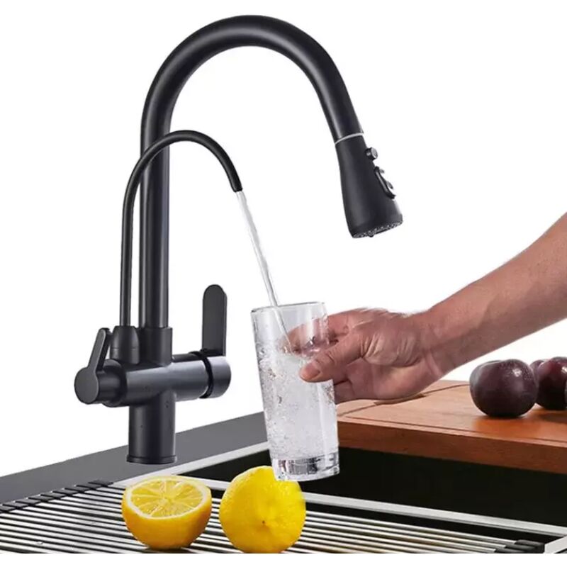 foto del prodotto onyzpily rubinetto 3 vie,rubinetto da cucina nero con doccetta estraibile miscelatore da cucina in acciaio inox girevole a 360 con filtro