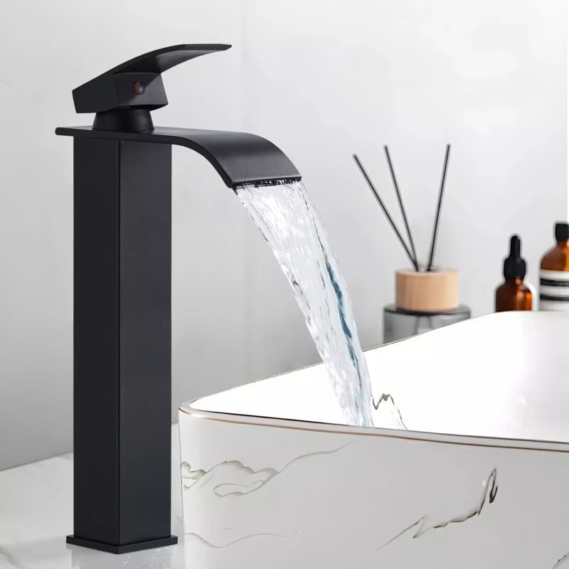 foto del prodotto onyzpily rubinetto alta cascata per lavabo,monocomando per lavabi acqua fredda e calda,valvola in ceramica,nero