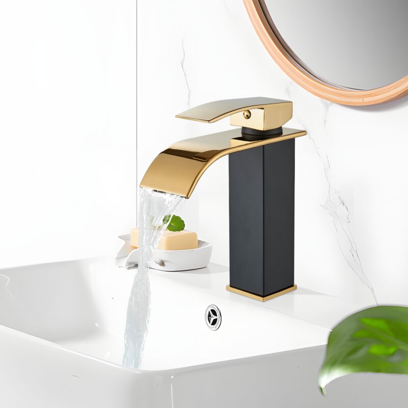 foto del prodotto onyzpily rubinetto bagno lavabo in acciaio inox 304, design a cascata, rubinetto lavandino bagno, miscelatore per acqua calda e fredda con finitura