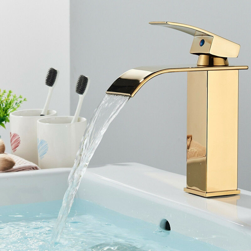foto del prodotto onyzpily rubinetto bagno lavabo, moderno cascata rubinetto in ottone, miscelatore monocomando rubinetto, oro lucido