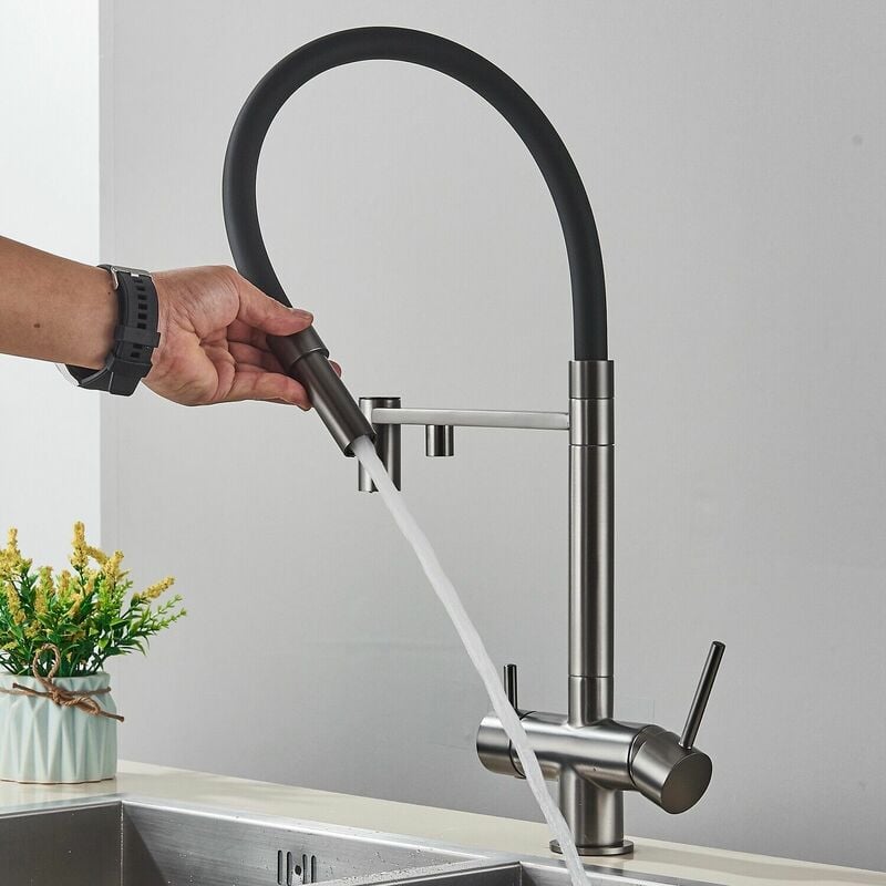 foto del prodotto onyzpily rubinetto cucina a 3 vie,rubinetto acqua potabile con doppia leva,grigio rubinetto lavello cucina con osmosi penetrazione 3 in 1,con 2