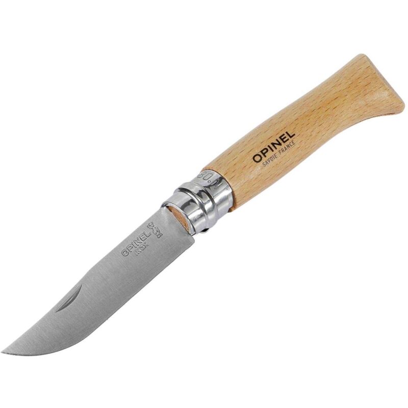 foto del prodotto opinel tradition n 08 coltello pieghevole 8,5 cm piccole linee nere, manico di colore giallo chiaro tendente al rosa