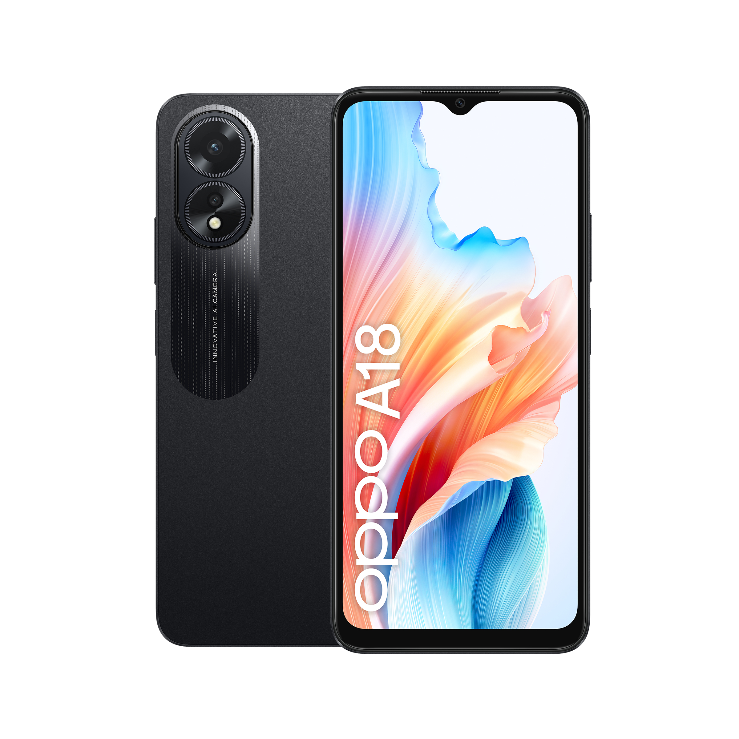 foto del prodotto oppo a18 4g smartphone, ai doppia fotocamera 8 2mp, selfie 5mp, display 6.56 90hz lcd hd , 5000mah, ram 8 gb 4 4 rom 128gb, ip54, versione italia ,glowing black