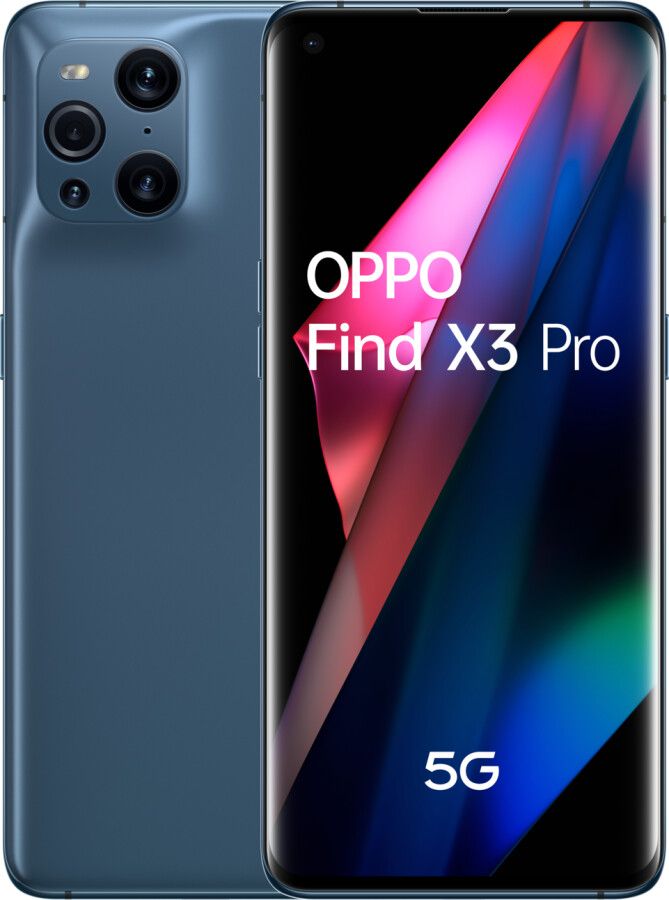 foto del prodotto oppo find x3 pro smartphone 5g, qualcomm 888, display 6.7 qhd amoled 120hz, 4 fotocamere 2 50mp, ram 12gb rom 256gb, 4500mah, wifi6, dual sim, versione italiana , colore blue