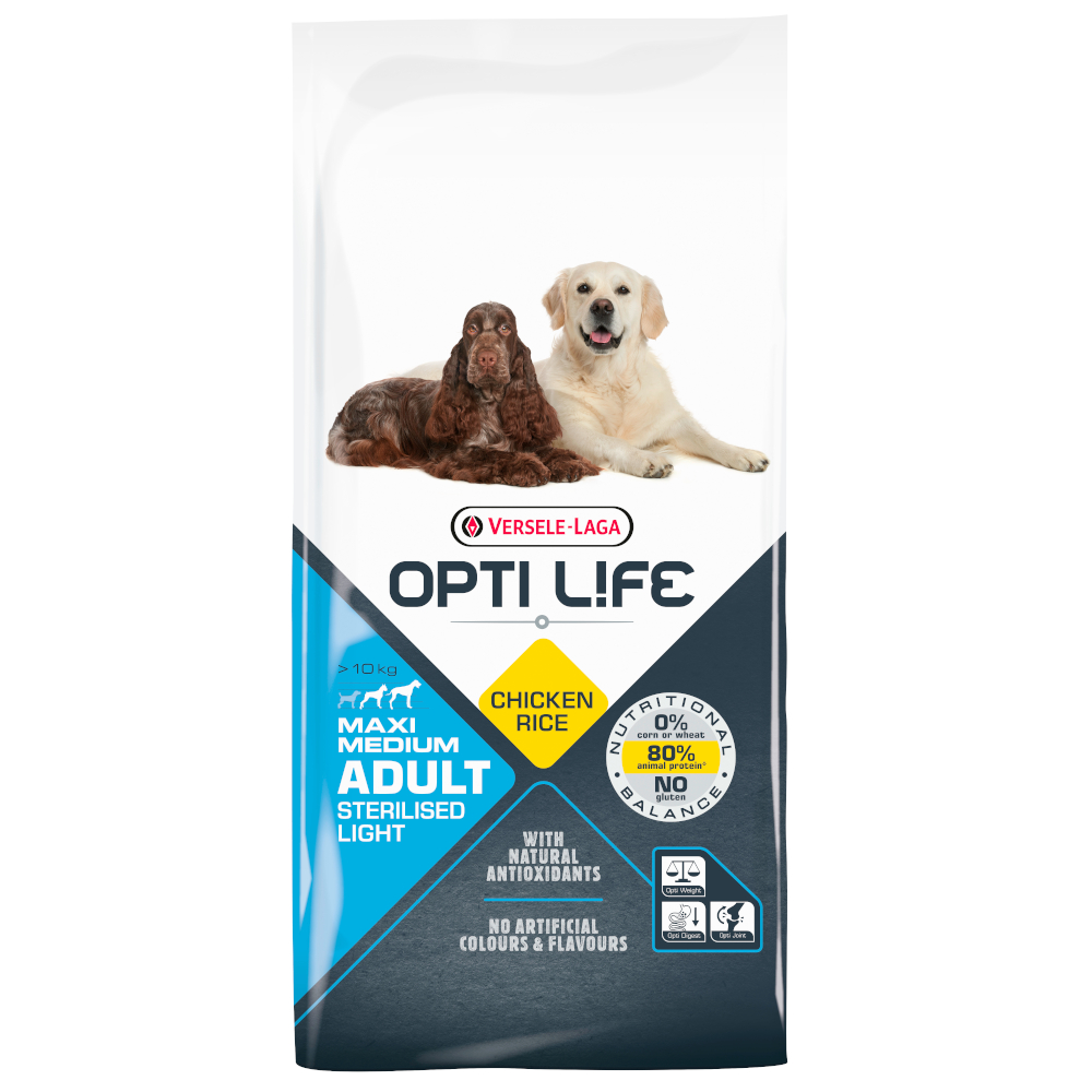 foto del prodotto opti life adult sterilised light medium maxi crocchette per cani 12,5 kg
