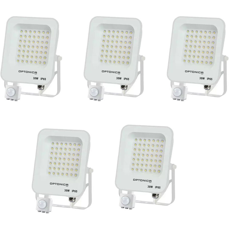 foto del prodotto optonica set di 5 proiettori a led con rilevatore bianco 30w ip65 2700lm impermeabile bianco caldo 3000k