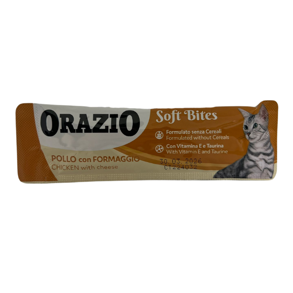 foto del prodotto orazio soft bites snack per gatti 10 gr scadenza 30 03 2026 - pollo e formaggio - 1 ordine scegli lo sconto bzr5 bzr20 200 punti fedeltà